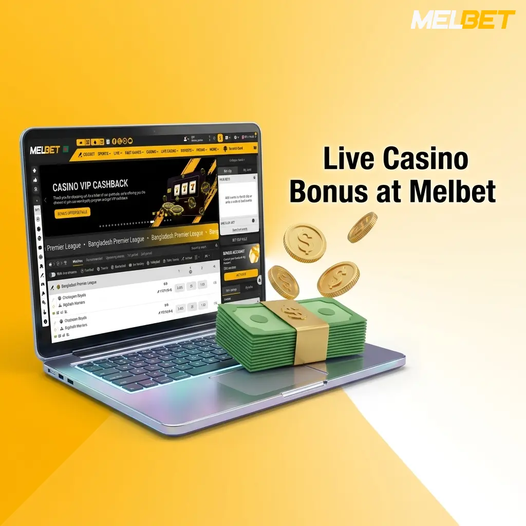 Melbet live casino bonus offer with chips, cards, and roulette wheel on a vibrant gaming table background