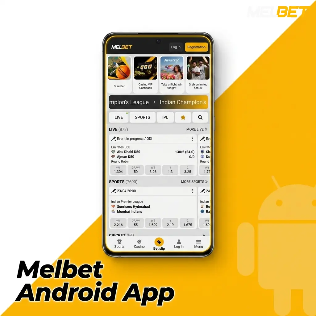 Melbet Android app interface showing sports betting, casino games, and live betting features on a mobile screen