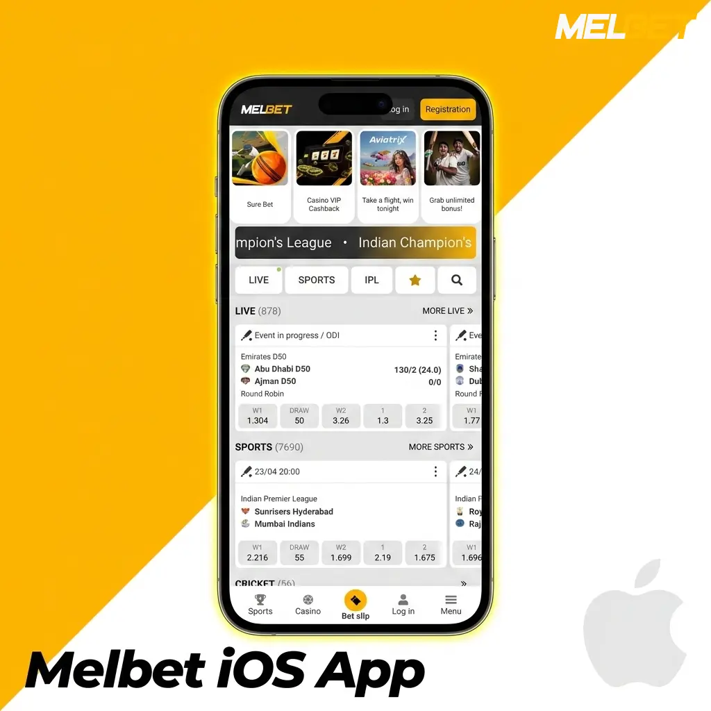 Melbet iOS app interface displayed on an iPhone showing sports betting and casino features available for download