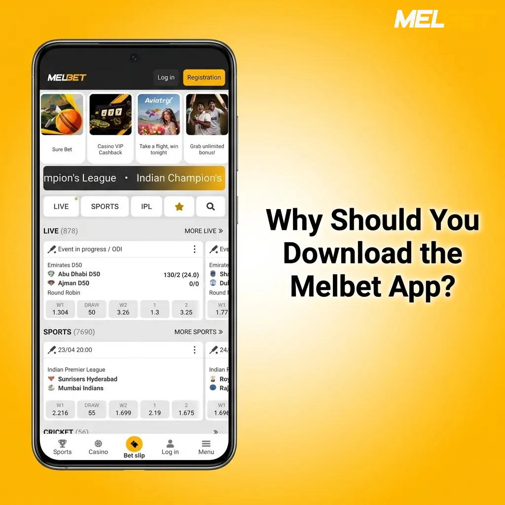Melbet app download screen on smartphone showing sports betting and casino features for mobile users
